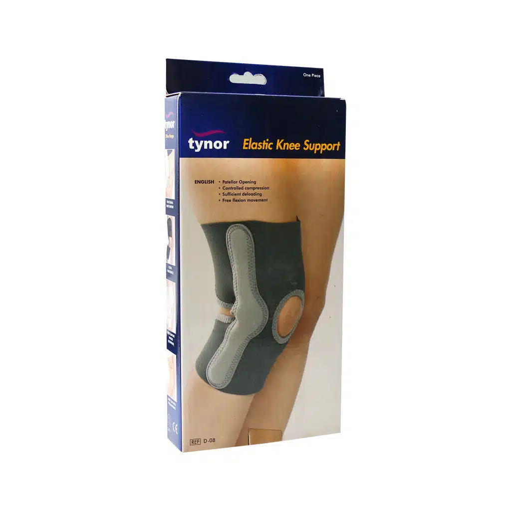 Tynor-Elastic-Knee-Support-D-08-Model.jpg.webp زانو بند متحرک قابل تنظیم با کشکک باز تینور مدل D-08