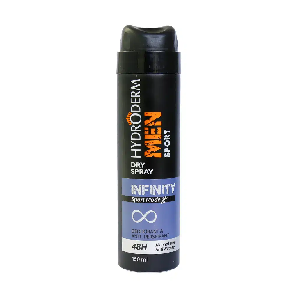 hydroderm-deodorant-and-anti-perspirant-dry-spray-infinity-model.jpg.webp اسپری دئودورانت و آنتی پرسپیرانت مردانه هیدرودرم مدل Infinity حجم 150 میلی لیتر