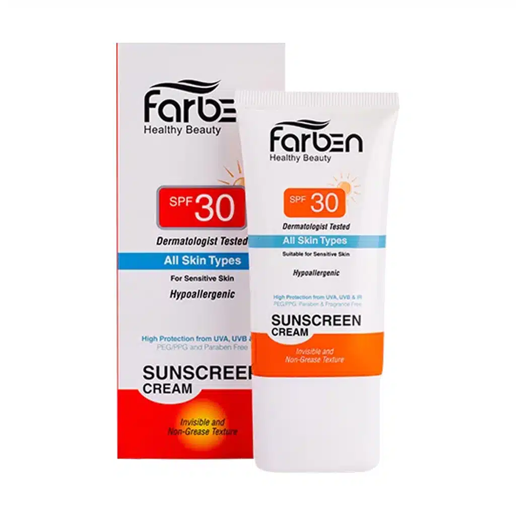Farben-SPF30-Sunscreen-Cream-50-1.jpg.webp کرم ضد آفتاب SPF30 پوست حساس فاربن 50 میلی لیتر