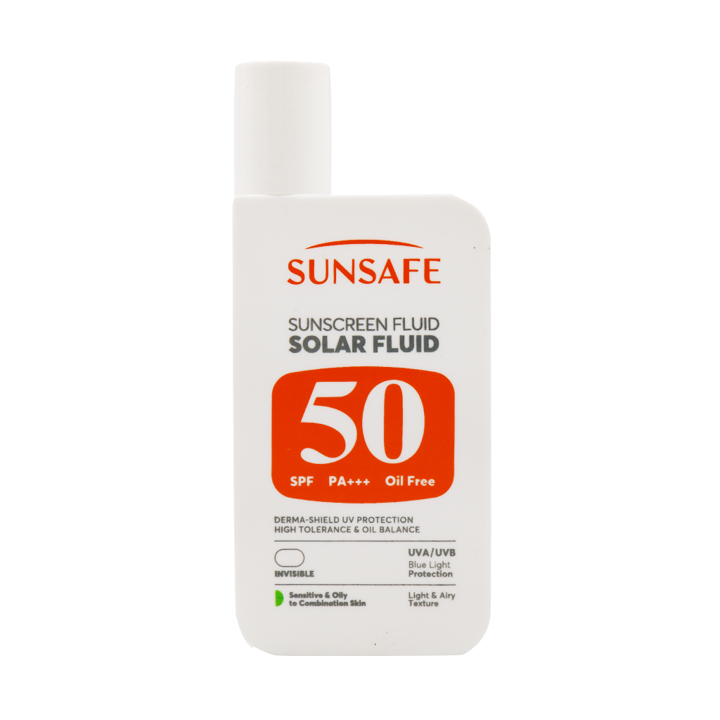 Sunsafe Spf50 Sensitive And Oily Sunscreen Solar Fluid 55 g قیمت فلوئید ضد آفتاب پوست چرب و حساس SPF50 سان سیف